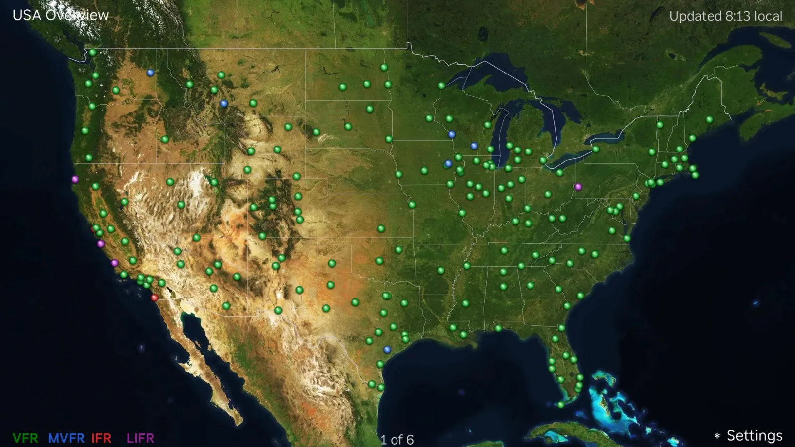AvLights showing flight-category dots at airports across the continental United States